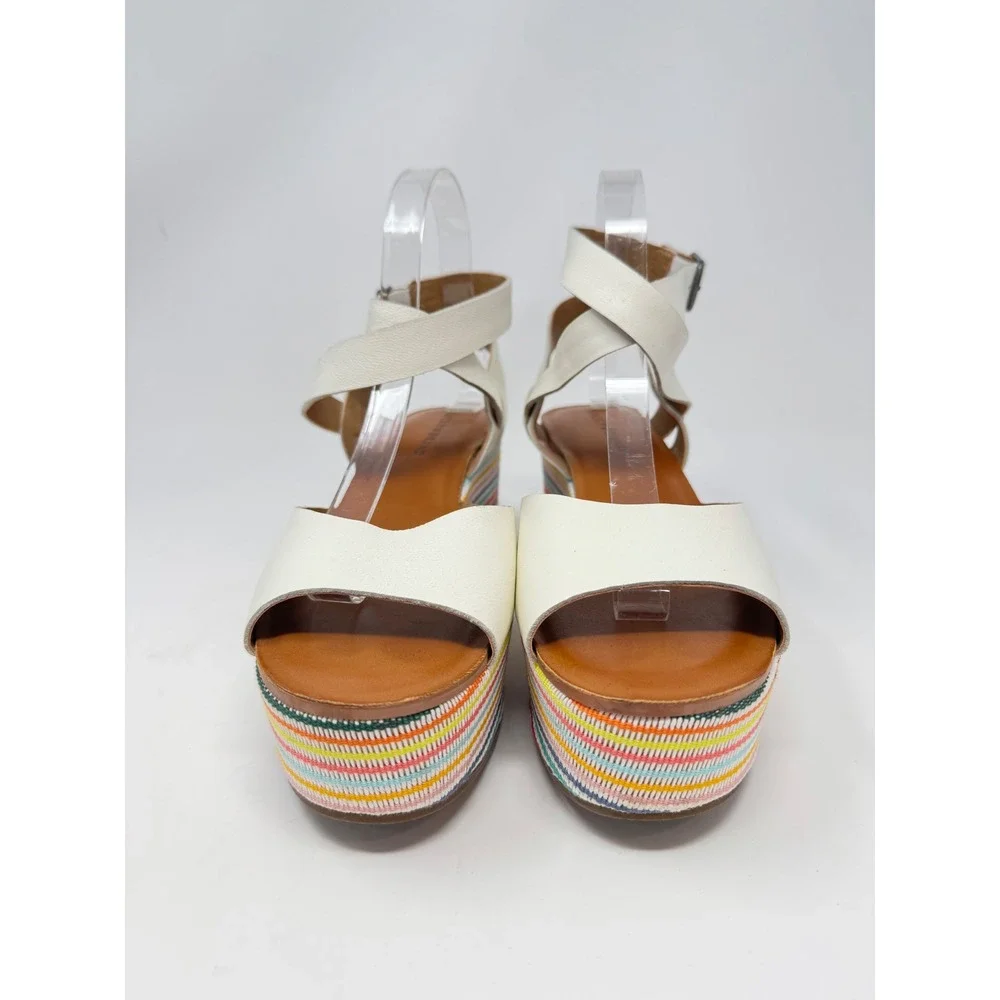 Lucky Brand Ginny Womens White Leather Rainbow Striped‎ Platform Wedge Sz 8.5
